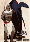 armor assassin beak belt boots brown_body brown_skin clothed clothing duo feathered_wings feathers feral footwear fully_clothed gloves hand_on_hip handwear hood looking_at_another male medieval nude outline perching pokeball scar shoes size_difference standard_pokeball standing tail tail_feathers text wings lupie_stardust assassin's_creed nintendo pokemon ubisoft altair_ibn-la'ahad avian generation_3_pokemon human mammal pokemon_(species) swellow crossover english_text