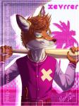 anthro baseball_bat bat_(object) blue_eyes brown_hair clothing cosplay fur hair jacket knife letterman_jacket male smile solo synthwave topwear weapon manulfacture hotline_miami jacket_(hotline_miami) xevrrer_(character) canid canine canis jackal mammal 2018 3:4 hi_res pink_theme