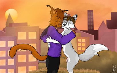 anthro anthro_on_anthro black_bottomwear black_clothing black_nose black_pants bottomwear brown_body brown_fur brown_hair casual_nudity city clothed clothed/nude clothed_male clothing duo flaccid fur genitals grey_body grey_fur hair hoodie hug male male/male nude nudist outside pants penis pink_penis purple_clothing purple_topwear sunset topwear bitesy bis_(mrbishead) brave_wolf_(collector_canine) canid canine canis caracal caracal_(genus) felid feline mammal wolf 2021 hi_res