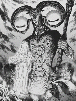 5_fingers anthro butt detailed_background fingers fur hair horn long_hair male multi_eye nude nude_human nude_male size_difference solo staff standing yitansan berserk_(series) elden_ring elden_ring_nightreign fromsoftware griffith_(berserk) libra_creature_of_night bovid caprine goat human mammal 3:4 greyscale hi_res monochrome
