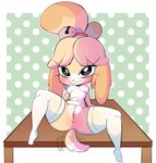 2021 animal_crossing anthro anus bell blonde_hair blush breasts canid canine canis clothing domestic_dog female furniture genitals hair hi_res isabelle_(animal_crossing) legwear looking_at_viewer mammal nintendo nipples on_table oopsynsfw pattern_background pussy simple_background smile solo spread_legs spreading stockings table tail tail_motion tailwag