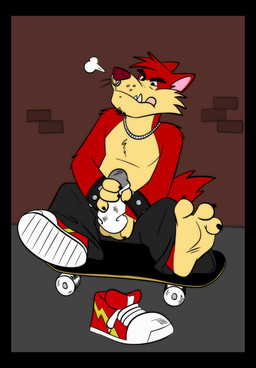 alternative_fashion anthro balls beard bottomwear bracelet breath claws clothing cock_sock facial_hair facial_piercing fangs feet footwear fur genitals hand_on_penis handjob jewelry male masturbation necklace nose_piercing nose_ring pants penile penis penis_clothing piercing punk purple_nose red_body red_fur ring_piercing sex sharp_teeth shirtless shoes sitting skateboard socks soles solo spiked_bracelet spikes tan_body tan_fur teeth toes tongue tongue_out underbite vehicle whiskers porkintime atlus go!_go!_hypergrind sega decker canid canine canis mammal wolf 2024 hi_res