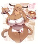 2_horns anthro apron apron_only areola big_breasts breasts brown_areola brown_hair clothing female food hair hair_over_eyes heart_symbol holding_food holding_object horn huge_breasts looking_at_viewer neck_tuft nipple_outline overweight overweight_anthro overweight_female pancake solo speech_bubble tail talking_to_viewer text thick_thighs tuft wide_hips secretly_saucy freya_(wintertopdog) bovid bovine cattle mammal 2024 artist_name digital_media_(artwork) english_text hi_res