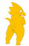 anthro anus bodily_fluids buckteeth butt eyewear female genitals glasses looking_back nude puffy_anus pussy raised_tail simple_background smile solo sweat tail teeth text white_background garbledina undertale undertale_(series) alphys hi_res