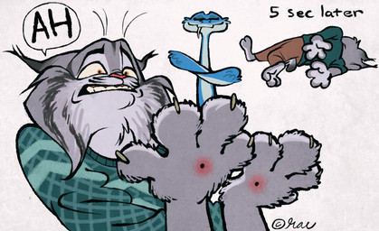 anthro bitten blue_body blue_scales duo facial_piercing fangs feral fur grey_body grey_fur lip_piercing male paws piercing pointy_ears poisoned scales smug_face snakebite_piercing stigmata teeth racoonome disney family_guy_death_pose zootopia gary_de'snake pawbert_lynxley canada_lynx felid feline lynx mammal pit_viper reptile scalie snake viper hi_res meme