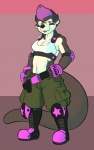 boots bottomwear breasts cleavage clothed clothing elbow_pads female footwear gloves hair handwear knee_pads midriff navel pants pink_hair red_eyes shoes solo tail rabidraccoon mammal mustelid otter