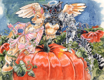 anthro black_body black_fur bound breasts brown_eyes bulge cleavage clothed clothing costume feathered_wings feathers female food fruit fur group halo harness holidays horn lingerie male markings multi_eye night outside panties plant pumpkin red_eyes sky spade_tail star starry_sky striped_body striped_fur striped_markings stripes tail tan_body tan_fur translucent translucent_clothing trio underwear white_body white_fur wings dhstein heather_bruton halloween canid felid hybrid mammal pantherine tiger 2025 acrylic_painting_(artwork) colored_pencil_(artwork) painting_(artwork) traditional_media_(artwork) traditional_painting_(artwork)