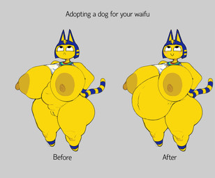 anthro areola before_and_after belly big_areola big_belly big_breasts big_nipples biped blue_hair blush bob_cut bottomless bottomless_anthro bottomless_female breasts clothed clothing exposed_breasts featureless_feet feet female female_anthro fur genitals grey_background hair hand_on_hip happy huge_breasts huge_thighs hyper hyper_breasts hyper_pregnancy looking_up markings mostly_nude navel nipples nude outie_navel overweight overweight_anthro overweight_female pregnant pregnant_anthro pregnant_female pubic_stubble shortstack simple_background slightly_chubby slightly_chubby_anthro slightly_chubby_female smile solo standing stretch_marks striped_markings striped_tail stripes tail tail_markings text thick_thighs uraeus venus_figure vulva yellow_body yellow_fur cham22 third-party_edit animal_crossing nintendo ankha_(animal_crossing) domestic_cat felid feline felis mammal digital_drawing_(artwork) digital_media_(artwork) english_text hi_res source_request