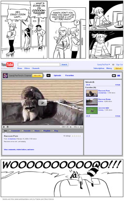 anthro computer electronics female group internet male real screencap text uhoh video_player website oliver_knorzer powree sandra_and_woo youtube sandra_north woo_(sandra_and_woo) human mammal procyonid raccoon comic digital_drawing_(artwork) digital_media_(artwork) english_text hi_res mixed_media url