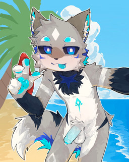 anthro arm_tuft balls beach bedroom_eyes black_body black_fur black_sclera blue_body blue_eyes blue_fur blue_inner_ear blue_markings blue_pawpads blue_penis blue_tongue bodily_fluids clothing cloud crotch_tuft elbow_tuft erection facial_tuft fluffy fluffy_tail foreskin fur genital_fluids genitals grey_balls grey_body grey_fur hip_tuft humanoid_genitalia humanoid_penis inner_ear_fluff leaking_precum looking_at_viewer male markings narrowed_eyes nude_male palm_tree pawpads penis plant precum sand sea seductive selfie shoulder_tuft sky solo standing swimwear tail tongue tongue_out tree tuft water white_body white_fur white_inner_ear_fluff white_markings regcron canid canine canis mammal wolf 2026 hi_res portrait three-quarter_portrait