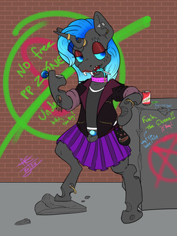 alternative_fashion candy clothed clothing crossdressing dessert exhibitionism feral flashing_penis food genitals jewelry lollipop makeup male penis punk punk_hair small_penis solo denton friendship_is_magic hasbro my_little_pony kryostasis_(oc) changeling_(mlp) absurd_res hi_res