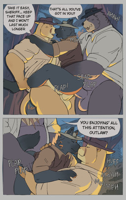 affectionate anal anal_penetration anthro anthro_on_anthro anthro_penetrated anthro_penetrating anthro_penetrating_anthro arms_around_another arms_around_partner aroused aroused_by_another aroused_face aroused_male aroused_smile balls barazoku bedroom_eyes belly biceps big_belly big_muscles big_pecs black_body black_fur blue_clothing blue_hat blue_headwear border bottomless bottomless_anthro bottomless_male bounty_hunter brown_body brown_clothing brown_fur brown_hat brown_headwear brown_shirt brown_topwear brown_vest clothed clothed_sex clothing cowboy cowboy_hat cowboy_outfit criminal dialogue dirty_talk doggystyle dominant dominant_anthro dominant_male domination/submission double_penetration erection exposed_chest firelight flirting flirting_look forest forest_background forest_sex from_behind_position fugitive fur genitals grabbing_another grabbing_partner grin grinning_at_another grinning_at_partner group group_sex hat headgear headwear holding_another holding_both_legs holding_legs_open holding_legs_up holding_partner hug hugging_another hugging_partner humanoid_genitalia humanoid_penis humping imminent_orgasm kissing kissing_while_penetrated kissing_while_penetrating kneeling kneeling_sex larger_anthro larger_dom larger_male lifting lifting_another lifting_partner looking_pleasured love lying lying_on_another lying_on_ground lying_on_partner male male/male male_penetrated male_penetrating male_penetrating_male manhandling manly musclegut muscular muscular_anthro muscular_arms muscular_male muscular_thighs narrowed_eyes nature nature_background night nuzzling old_west on_back on_ground open_clothing open_shirt open_topwear orange_body orange_fur outlaw outside outside_sex partially_clothed partially_clothed_anthro partially_clothed_male pecs penetration penile penile_penetration penis penis_in_ass plant pounding_ass rough_sex seduced seductive sex sheriff shirt shrub size_difference smaller_anthro smaller_male smaller_penetrated smile smiling_at_another smiling_at_partner speech_bubble spread_legs spreading standing standing_sex submissive submissive_anthro submissive_male tail taunting taunting_partner teasing teasing_partner text thick_arms thick_thighs threesome thrusting topwear tough_guy tree trio vest white_border white_clothing white_hat white_headwear white_shirt white_topwear wild_west yellow_clothing yellow_shirt yellow_topwear gol1ath bear canid canine canis cougar felid feline mammal ursine wolf absurd_res comic english_text hi_res