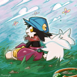anthro clothing cloud collar hat headgear headwear landscape male ring sitting sky skyscape solo marpystar bandai_namco klonoa_(series) klonoa arthropod butterfly felid feline insect lepidopteran mammal digital_media_(artwork) hi_res