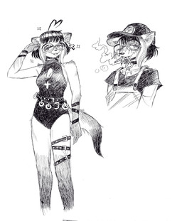 ahoge anthro belt blush cleavage_cutout clothing collar cross cross_ear_piercing cross_ear_ring cross_piercing cutout eyewear female glasses hair hat headgear headwear heart_ahoge marijuana_blunt multiple_belts multiple_cigarettes object_in_mouth one_eye_closed overalls piercing round_glasses shirt smile smoke smoking solo t-shirt topwear wearing_glasses wink wristband bonnie_guerra species_request absurd_res hi_res