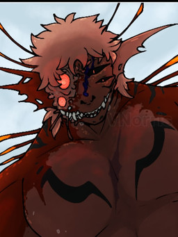 4_eyes black_markings black_sclera blood bodily_fluids colored_blood ear_fins esca exposed_teeth fin hair male markings multi_eye pink_hair purple_blood red_body red_eyes scales scar solo split_form torn_fin underside_view unusual_blood unusual_bodily_fluids wet wet_body wound_on_face puppetmaster13uwu sukuna_(jujutsu_kaisen) aquatic humanoid mammal merfolk