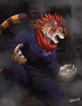 anthro clothing fur hair jacket leather leather_clothing leather_jacket leather_topwear male muscular muscular_anthro muscular_male red_hair scarf solo striped_body striped_fur stripes topwear chuurow lifewonders tokyo_afterschool_summoners nomad_(tas) felid mammal pantherine tiger absurd_res hi_res