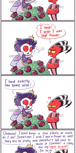 6_panel_comic anthro beak black_body black_feathers blush border chest_tuft clothing cross-popping_vein crown dialogue duo empty_eyes feather_hair feathers flower fluffy fluffy_chest forehead_tattoo headgear horn male pink_clothing pink_shirt pink_topwear plant pseudo_hair purple_clothing purple_shirt purple_topwear red_eyes rose_(flower) rose_bush shirt shrub simple_background sleeveless_shirt smelling_flower sniffing sparkles striped_horn stripes suspenders text topwear tuft white_background white_border white_face yellow_sclera young norithelord hellaverse helluva_boss blitzo_(helluva_boss) stolas_(helluva_boss) avian avian_demon bird demon humanoid imp owl owl_demon 2024 absurd_res artist_name comic english_text hi_res long_image tall_image watermark