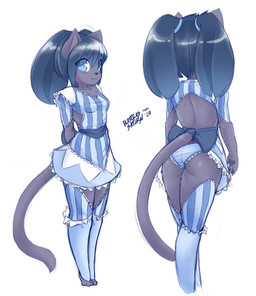 accessory anthro apron blue_eyes bottomwear bow_(feature) bow_accessory bow_ribbon butt clothing dark_body dark_fur female fur furgonomics leggings legwear looking_at_viewer panties pigtails ribbons simple_background skirt smile tail tail_accessory tail_bow tail_ribbon underwear blasticussaturn azura_(blasticussaturn) felid feline mammal 2020 blue_and_white hi_res monochrome