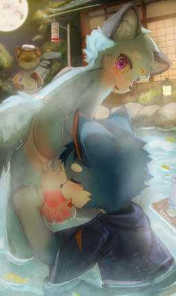 anthro blush claws duo_focus group japanese_house male male/male night tail trio water young boluoluo-sama absurd_res hi_res