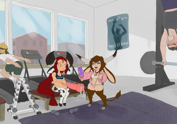 abs athletic_wear big_forearms bovid_horn bovine_horn bra breasts brown_body brown_fur brown_hair clothing cow_ears cow_horn cowbell_collar detailed_background exercise eyes_closed eyeshadow female footwear forearms fur gym gym_bag gym_equipment hair hanging_upside_down hooves horn looking_at_another makeup male markings medium_breasts naruto_headband partially_furred pull_up_bar red_hair shoes shortstack small_breasts sneakers speech_bubble sports_bra spots spotted_body spotted_fur thick_thighs treadmill underwear upside_down weight_rack weightlifting weights wide_hips window workout notrip european_mythology greek_mythology mythology naruto_run adhaze pepper_(notrip) animal_humanoid bovid bovid_humanoid bovine bovine_humanoid cattle_humanoid human humanoid mammal mammal_humanoid minotaur absurd_res flat_colors hi_res meme