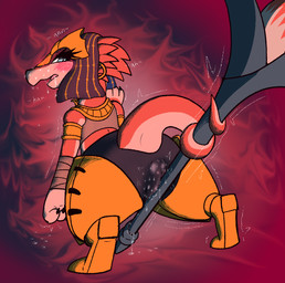 3_fingers abstract_background anthro arm_wraps armlet bent_arm biped blue_eyes blush blush_lines bodily_fluids bottomwear breathing_noises butt camel_toe claws clothed clothed_anthro clothed_female clothing digitigrade drooling ear_piercing ear_ring egyptian egyptian_clothing egyptian_headdress eye_markings eyelashes female female_anthro finger_claws fingers fully_clothed fully_clothed_anthro fully_clothed_female genital_fluids glistening glistening_eyes head_turned headgear headwear holding_melee_weapon holding_object holding_polearm holding_spear holding_weapon leaning leaning_forward legwear looking_back markings masturbation melee_weapon motion_lines multicolored_body multicolored_skin nemes_(clothing) onomatopoeia open_mouth piercing pink_tongue polearm pupils rear_view red_body red_skin red_tail ring_piercing saliva shaking slit_pupils snout solo sound_effects spear spread_legs spreading standing sweat sweatdrop sweaty_face tail tan_body tan_skin tan_tail text thick_tail thick_thighs tongue tongue_out topwear tremble_spikes trembling two_tone_body two_tone_skin two_tone_tail usekh vaginal vaginal_fluids vaginal_fluids_on_ground vaginal_fluids_on_vulva vaginal_masturbation weapon white_sclera wide_hips wide_stance wraps 4chan_anon unknown_artist ever_oasis nintendo miura drauk scalie 2025 aliasing binary_drawing digital_drawing_(artwork) digital_media_(artwork) full-length_portrait portrait shaded