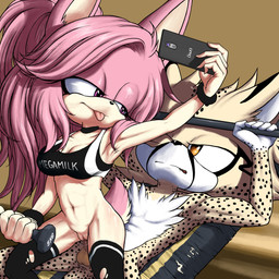 amber_eyes anthro balls barbell bottomless bracelet cellphone chest_tuft choker clothed clothing duo electronics erection exercise female female_penetrated fur genitals hair half-closed_eyes jewelry legwear lying male male/female male_penetrating male_penetrating_female markings narrowed_eyes navel necklace nude on_back one_eye_closed penetration penile penile_penetration penis penis_in_vagina phone pink_body pink_eyes pink_fur pink_hair selfie sex shirt sitting smile spots spotted_body spotted_fur stockings tank_top tongue tongue_out topwear torn_clothing tuft vaginal vaginal_penetration vulva weightlifting weights workout dash-the-cheetah sega sonic_the_hedgehog_(series) dash_the_cheetah fan_character cheetah felid feline lagomorph leporid mammal rabbit 1:1 absurd_res hi_res