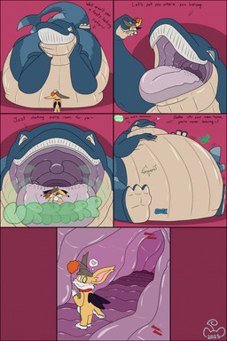 anthro anthro_pred anthro_prey belly big_belly black_border blue_body border burping duo heart_symbol inside_stomach lying male on_front oral_vore pink_background simple_background text uvula vore unknown_artist jay_(questionablesalsa) aquatic baleen_whale blue_whale cetacean mammal whale 2025 comic english_text hi_res