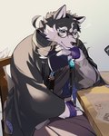 anthro asian_clothing black_sclera blue_eyes book chair clothing east_asian_clothing eyewear fur furniture glasses japanese_clothing kimono looking_at_viewer male multicolored_body multicolored_fur sitting solo table 317_mno lifewonders tokyo_afterschool_summoners masanori_(tas) canid canine canis domestic_dog mammal 4:5 hi_res