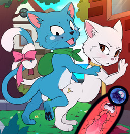 accessory animal_genitalia animal_penis anthro backsack bag balls black_eyes blue_body blue_fur blush blush_stickers bodily_fluids bow_ribbon brick brick_wall brown_eyes building butt cum cum_in_uterus cum_in_vagina cum_inside dipstick_tail duo entwined_tails feline_genitalia feline_penis female flower from_behind_position fur furgonomics genital_fluids genitals grass house impregnation male male/female markings mostly_nude necktie necktie_only open_mouth orgasm outside outside_sex ovum pawpads penetration penile_spines penis plant raised_tail ribbons sex sperm_cell standing standing_doggystyle standing_sex tail tail_accessory tail_bow tail_coil tail_markings tail_ribbon tree uterus vaginal_fluids wall_(structure) white_body white_fur white_markings window meraence fairy_tail charle_(fairy_tail) happy_(fairy_tail) domestic_cat exceed felid feline felis mammal 2025 hi_res