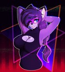 anthro breasts cyberpunk female futuristic glitch hologram latex projection purple_body retro solo synthwave vaporwave visor derangedspazz emberfox canid canine fennec_fox fox mammal true_fox absurd_res digital_media_(artwork) hi_res trans_(lore)