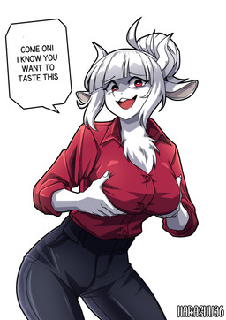 anthro breast_grab breasts buckteeth female hand_on_breast inviting looking_at_viewer simple_background solo speech_bubble teeth text tuft white_background harashu96 helltaker goat_lucifer_(helltaker) bovid caprine goat mammal absurd_res hi_res