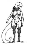 abs big_breasts breasts clothing eyes_closed female legwear long_neck muscular muscular_female muscular_humanoid navel nipples not_furry nude scarf simple_background solo standing teeth thick_thighs wide_hips meandraco lenni_(artlegionary) alien humanoid worm wurae monochrome