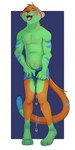 anthro biped black_nose blue_markings blush bodily_fluids boxers_(clothing) boxers_only brown_body brown_fur clothed clothing eyebrows eyelashes eyes_closed feet fur genital_fluids green_body green_fur hindpaw male male_peeing markings omorashi open_mouth paws peeing pink_inner_ear pink_tongue simple_background solo standing striped_markings stripes tail teeth text tongue topless underwear underwear_only urine wet wet_clothing wet_underwear wetting wetting_bottomwear citris felid feline mammal pantherine tiger 2024 absurd_res artist_name digital_media_(artwork) hi_res shaded