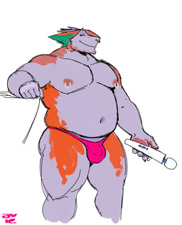 anthro beard bulge chastity_bulge chastity_device clothing detailed_bulge facial_hair facial_piercing holding_object looking_at_viewer male musclegut muscular muscular_legs muscular_male navel nipple_piercing nipple_ring nipples nose_piercing pecs piercing ring_piercing septum_piercing sex_toy smile solo thong underwear vibrator wand_vibrator aviesergal avie sergal hi_res