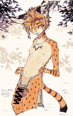 anthro balls big_penis biped censored_genitalia censored_penis countershade_fur countershade_torso countershading eyebrows fur genitals glans hair humanoid_genitalia humanoid_penis male penis shota solo tail text vein veiny_penis young young_anthro young_male sasamino felid feline mammal serval censored japanese_text