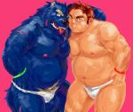 anthro barazoku belly blue_body blue_fur bulge clothing duo fur humanoid_hands kemono male moobs nipples overweight overweight_human overweight_male pubes scar simple_background tongue tongue_out underwear amamiya canid canine human mammal 2012 hi_res