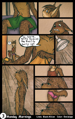 adolescent adolescent_on_adolescent anthro bathroom bed bedroom blue_eyes blush bottomwear boxers_(clothing) brown_body brown_fur brown_hair bulge butt clenched_teeth clothed clothing detailed_background door duo ear_tuft ellipsis embarrassed erection erection_under_clothing exclamation_point eyes_closed female fur furniture green_eyes hair half-closed_eyes imagination inside interior_background male midriff narrowed_eyes nude nude_anthro nude_male on_bed panties pantsless_anthro pantsless_female question_mark shirt shorts shower shower_head sitting standing tail teeth tenting text topless topwear towel tuft underwear unwanted_arousal unwanted_erection water wet young young_anthro young_female young_male black-kitten owlalope sebastien_(black-kitten) serah_(black-kitten) felid feline lynx mammal 2015 artist_collaboration comic english_text hi_res brother_(lore) brother_and_sister_(lore) sibling_(lore) sister_(lore) twins_(lore)