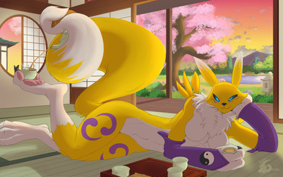 anthro beverage big_tail black_sclera blue_eyes breasts cherry_blossom claws clothing container cup dipstick_ears dipstick_tail ear_markings female flower fluffy fluffy_tail foot_holding_object fur lake long_tail looking_at_viewer markings mountain multicolored_ears neck_tuft pawpads plant prehensile_tail prunus_(flower) rock scenery scenic_background seductive solo steam sunset tail tail_markings tea tea_cup teapot tree tuft white_body white_fur yellow_body yellow_fur lager_(artist) bandai_namco digimon canid canine digimon_(species) mammal renamon 16:10 hi_res widescreen