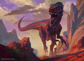 ambiguous_feral ambiguous_gender claws cloud day dutch_angle feral group looking_at_viewer open_mouth outside red_body red_scales rock scales sharp_teeth sickle_claw tail teeth toe_claws tongue walking bayard_wu hasbro magic:_the_gathering wizards_of_the_coast dinosaur prehistoric_species reptile saurischian scalie theropod hi_res official_art