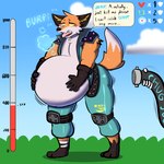1:1 absurd_res anthro belly belt big_belly burping canid canine chug_jug_expansion clothing english_text epic_games fennix_(fortnite) fortnite fox fur gloves green_clothing handwear hi_res hiccuping inflatable inflation male mammal nervous orange_body orange_fur outside overweight red_fox solo spikes suit tail text true_fox tube v1sage white_body white_fur yellow_eyes