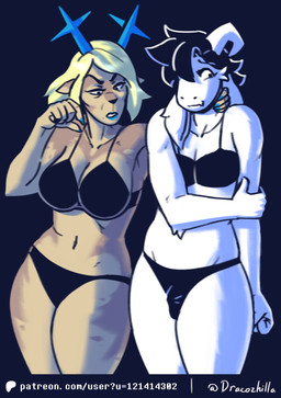 anthro antlers arm_grab bikini blonde_hair breasts bulge clothed clothing crossdressing curvy_figure disgust disgusted_face duo embarrassed erection female femboy genitals hair hand_on_neck horn humiliation male male/female nails penis penis_humiliation pinching_gesture sharp_nails small_penis small_penis_humiliation swimwear text two-piece_swimsuit wide_hips dracozhilla deltarune patreon undertale undertale_(series) asriel_dreemurr carol_holiday boss_monster_(undertale) deer mammal hi_res url