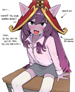 big_hat blush blush_lines bodily_fluids breasts clothing cute_fangs dialogue directional_arrow fangs female hair long_hair looking_at_viewer open_mouth open_smile purple_eyes purple_hair school_uniform simple_background sitting sitting_on_desk small_breasts smile smiling_at_viewer solo sweat sweatdrop talking_to_viewer teasing teasing_viewer teeth text uniform ohasiart league_of_legends riot_games tencent lulu_(lol) humanoid yordle english_text