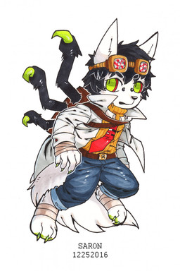 anthro backpack belt black_hair black_nose blue_bottomwear blue_clothing blue_pants bottomwear bridge_piercing brown_belt chibi clothed clothing coat denim denim_bottomwear denim_clothing eyewear eyewear_on_head facial_piercing fur glistening glistening_nose goggles goggles_on_head green_eyes hair jeans male messy_hair multicolored_eyes necktie nose_piercing pants piercing red_eyes red_necktie short_hair simple_background solo text three-quarter_view topwear two_tone_eyes white_background white_body white_clothing white_coat white_fur white_topwear yellow_clothing yellow_topwear asnnonaka morton_(asnnonaka) canid canine canis hybrid mammal wolfdog 2016 artist_name dated full-length_portrait hi_res portrait