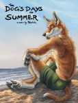 anthro beach blotch bottomwear canid canine claws clothed clothing cloud detailed_background diego_(blotch) english_text furgonomics looking_at_viewer low_res male mammal outside sand sea seaside shorts sky solo tail tail_clothing text the_dog's_days_of_summer topless water
