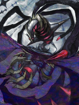 ambiguous_gender armor claws dark eye_contact feral glowing glowing_eyes light looking_at_another markings midair multi_limb open_mouth red_claws red_eyes red_markings reflection solo spikes water arugeri nintendo pokemon altered_forme_giratina generation_4_pokemon giratina legendary_pokemon monster origin_forme_giratina pokemon_(species) 3:4
