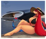 anthro big_breasts bikini black_bikini black_clothing black_swimwear breasts cleavage clothed clothing female hair hat headgear headwear huge_breasts pink_eyes red_hair seaside solo swimwear thick_thighs two-piece_swimsuit vehicle watercraft yacht presialexander nintendo pokemon mila_(president_alexander) pres._alexander generation_3_pokemon human mammal marine milotic pokemon_(species) hi_res