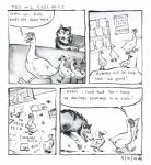 2014 4koma absurd_res anatid animal_genitalia anne_barnetson anseriform anserinae avian bad_parenting bird black_nose canid canine canis cloaca comic customer_service_wolf dialogue disregarding_notices electronics english_text exclamation_point feces feral genitals goose group headphones hi_res imminent_vore mammal oblivious open_mouth snout speech_bubble teeth text traditional_media_(artwork) wolf