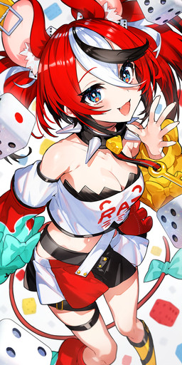 5_fingers accessory black_hair blue_eyes blush bottomwear breasts cleavage clothed clothing collar d6 dice fangs female female_humanoid fingers fur hair hair_accessory happy inner_ear_fluff looking_at_viewer medium_breasts mouse_trap multicolored_hair navel one_fang open_mouth open_smile red_body red_ears red_fur red_hair red_tail shirt skirt smile smiling_at_viewer solo spiked_collar spikes tail teeth text text_on_clothing text_on_shirt text_on_topwear tongue topwear trap_(contrivance) tuft twintails_(hairstyle) white_body white_fur white_hair mika_pikazo hololive hololive_en vtuber hakos_baelz animal_humanoid humanoid mammal mammal_humanoid murid murid_humanoid murine murine_humanoid rat_humanoid rodent rodent_humanoid 2021 digital_media_(artwork) hi_res portrait three-quarter_portrait