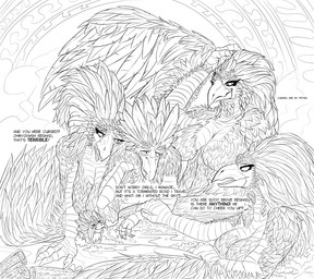 anthro bath breasts bubble dialogue feathers female group non-mammal_breasts scroll text water zoomerboomerz blizzard_entertainment warcraft reshad arakkoa avian 2014 black_and_white digital_drawing_(artwork) digital_media_(artwork) english_text line_art monochrome unavailable_at_source