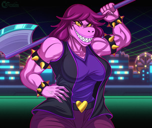 anthro axe belt big_breasts bracelet breasts clothing female hand_on_hip jewelry melee_weapon muscular muscular_arms muscular_female pink_body sharp_teeth solo spiked_bracelet spikes teeth weapon yellow_eyes yellow_sclera tenjosan deltarune undertale_(series) susie_(deltarune) dinosaur monster prehistoric_species reptile scalie theropod tyrannosaurid tyrannosauroid absurd_res hi_res